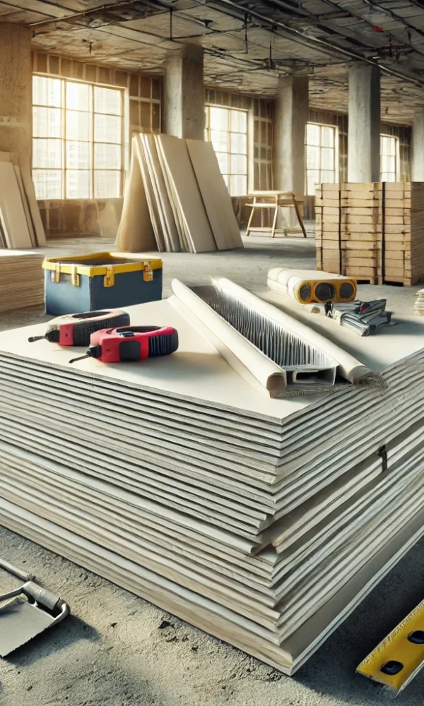 DALL·E 2024-10-20 16.06.02 – Stacks of drywall sheets in a construction site, neatly arranged with tools and equipment around, conveying a sense of readiness for installation DALL·E 2024-10-20 16.06.02 - Stacks of drywall sheets in a construction site, neatly arranged with tools and equipment around, conveying a sense of readiness for installation